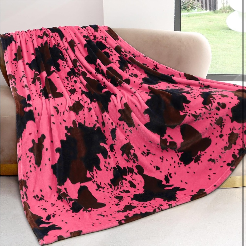 Pink and Brown Cow Print Throw Blanket